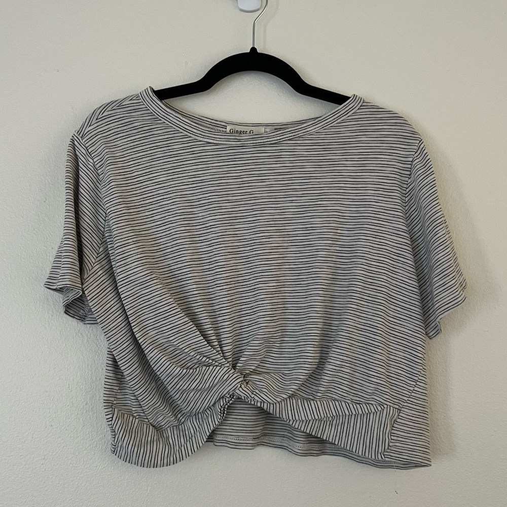 GINGER G | Striped Grey and White Crop Top Twist Knot Front